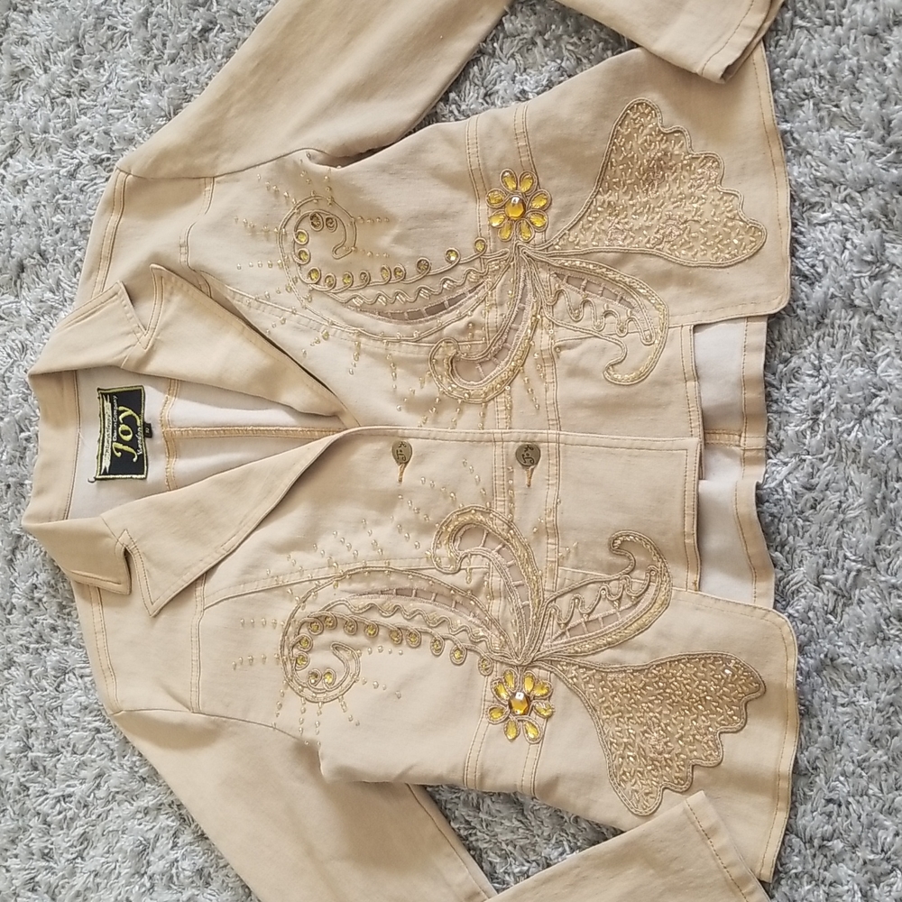 (10) Joy London Light Denim Jacket Blazer Embroidered Beautiful